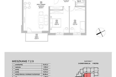 Rzut - Mieszkanie na sprzedaż 3 pokoje o powierzchni 73,46 m² - numer 7.2.9 w Osiedle Przyjemne IV