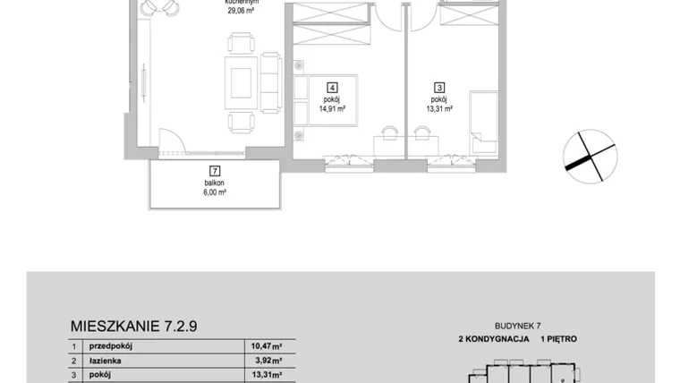 Rzut - Mieszkanie na sprzedaż 3 pokoje o powierzchni 73,46 m² - numer 7.2.9 w Osiedle Przyjemne IV