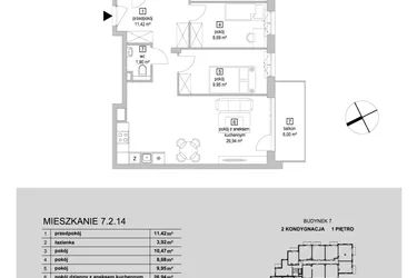 Rzut - Mieszkanie na sprzedaż 4 pokoje o powierzchni 73,28 m² - numer 7.2.14 w Osiedle Przyjemne IV