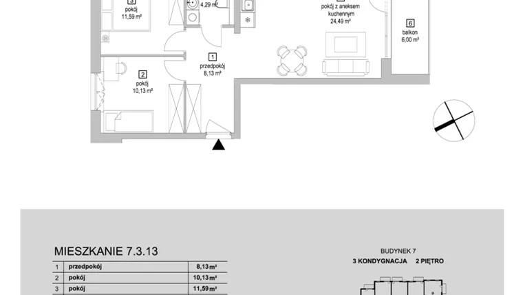 Rzut - Mieszkanie na sprzedaż 3 pokoje o powierzchni 58,63 m² - numer 7.3.13 w Osiedle Przyjemne IV