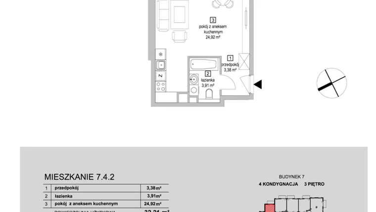 Rzut - Mieszkanie na sprzedaż 1 pokój o powierzchni 32,21 m² - numer 7.4.2 w Osiedle Przyjemne IV