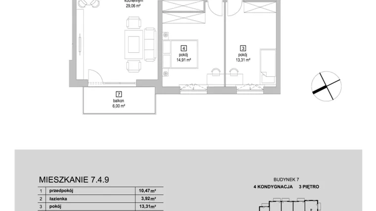 Rzut - Mieszkanie na sprzedaż 3 pokoje o powierzchni 73,46 m² - numer 7.4.9 w Osiedle Przyjemne IV