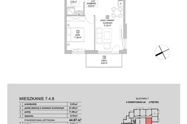 Rzut - Mieszkanie na sprzedaż 2 pokoje o powierzchni 44,67 m² - numer 7.4.8 w Osiedle Przyjemne IV