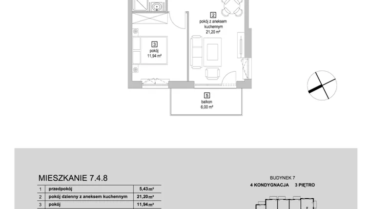 Rzut - Mieszkanie na sprzedaż 2 pokoje o powierzchni 44,67 m² - numer 7.4.8 w Osiedle Przyjemne IV