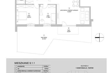 Rzut - Mieszkanie na sprzedaż 3 pokoje o powierzchni 78,57 m² - numer 9.1.1 w Osiedle Przyjemne IV