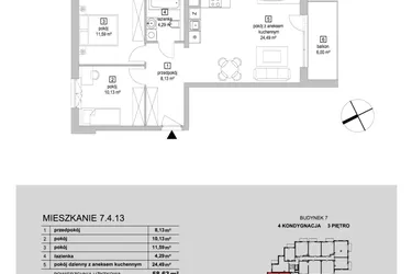 Rzut - Mieszkanie na sprzedaż 3 pokoje o powierzchni 58,63 m² - numer 7.4.13 w Osiedle Przyjemne IV