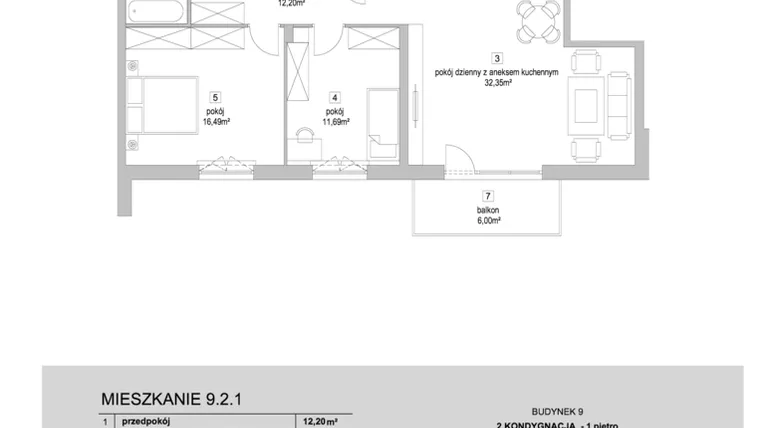 Rzut - Mieszkanie na sprzedaż 3 pokoje o powierzchni 78,58 m² - numer 9.2.1 w Osiedle Przyjemne IV