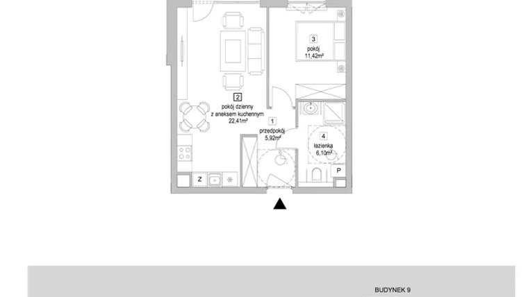 Rzut - Mieszkanie na sprzedaż 2 pokoje o powierzchni 45,85 m² - numer 9.2.4 w Osiedle Przyjemne IV