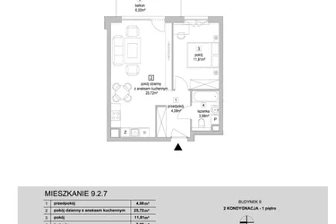 Rzut - Mieszkanie na sprzedaż 2 pokoje o powierzchni 45,6 m² - numer 9.2.7 w Osiedle Przyjemne IV