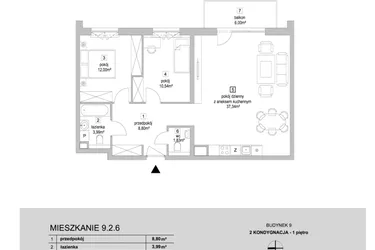 Rzut - Mieszkanie na sprzedaż 3 pokoje o powierzchni 74,5 m² - numer 9.2.6 w Osiedle Przyjemne IV