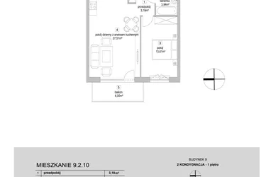 Rzut - Mieszkanie na sprzedaż 2 pokoje o powierzchni 48,25 m² - numer 9.2.10 w Osiedle Przyjemne IV