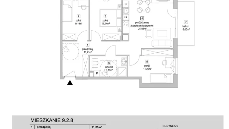Rzut - Mieszkanie na sprzedaż 4 pokoje o powierzchni 70,87 m² - numer 9.2.8 w Osiedle Przyjemne IV