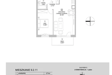 Rzut - Mieszkanie na sprzedaż 2 pokoje o powierzchni 49,34 m² - numer 9.2.11 w Osiedle Przyjemne IV
