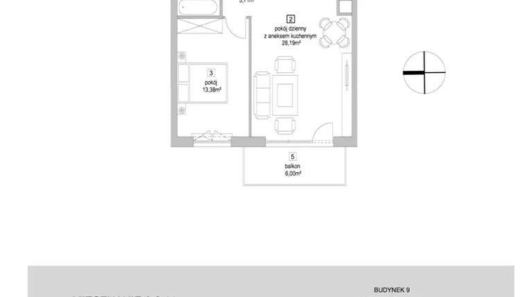 Rzut - Mieszkanie na sprzedaż 2 pokoje o powierzchni 49,34 m² - numer 9.2.11 w Osiedle Przyjemne IV