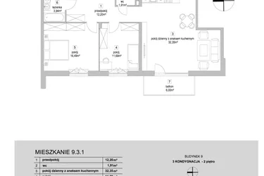 Rzut - Mieszkanie na sprzedaż 3 pokoje o powierzchni 78,58 m² - numer 9.3.1 w Osiedle Przyjemne IV