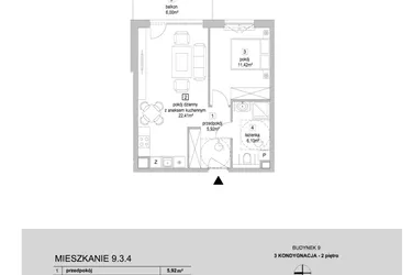 Rzut - Mieszkanie na sprzedaż 2 pokoje o powierzchni 45,85 m² - numer 9.3.4 w Osiedle Przyjemne IV