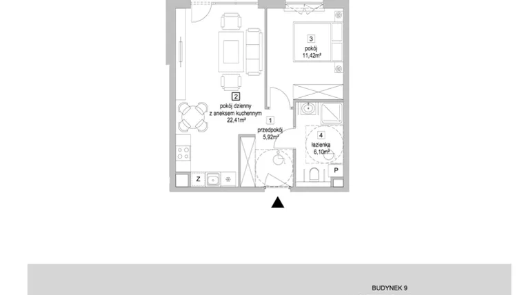 Rzut - Mieszkanie na sprzedaż 2 pokoje o powierzchni 45,85 m² - numer 9.3.4 w Osiedle Przyjemne IV