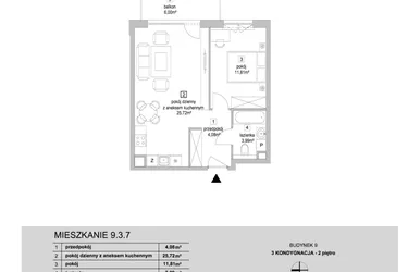 Rzut - Mieszkanie na sprzedaż 2 pokoje o powierzchni 45,6 m² - numer 9.3.7 w Osiedle Przyjemne IV