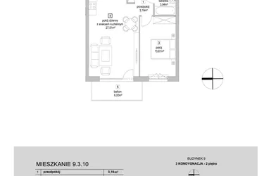 Rzut - Mieszkanie na sprzedaż 2 pokoje o powierzchni 48,25 m² - numer 9.3.10 w Osiedle Przyjemne IV