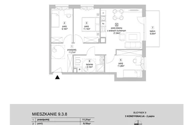 Rzut - Mieszkanie na sprzedaż 4 pokoje o powierzchni 70,87 m² - numer 9.3.8 w Osiedle Przyjemne IV