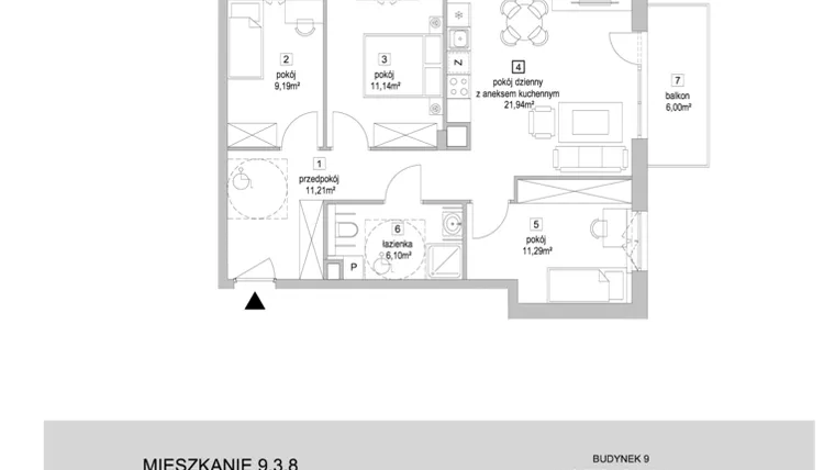 Rzut - Mieszkanie na sprzedaż 4 pokoje o powierzchni 70,87 m² - numer 9.3.8 w Osiedle Przyjemne IV