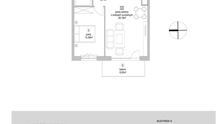 Rzut - Mieszkanie na sprzedaż 2 pokoje o powierzchni 49,34 m² - numer 9.3.11 w Osiedle Przyjemne IV