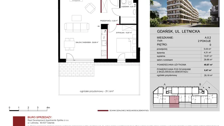 Rzut - Mieszkanie na sprzedaż 2 pokoje o powierzchni 50,24 m² - numer A.0.02 w Letnicka Residence