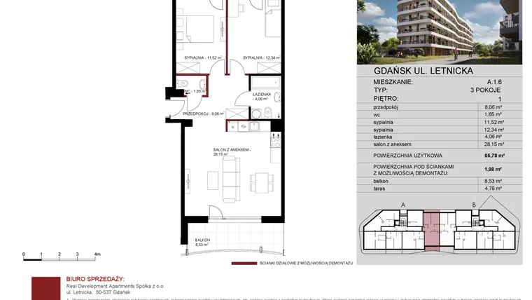 Rzut - Mieszkanie na sprzedaż 3 pokoje o powierzchni 65,78 m² - numer A.1.06 w Letnicka Residence