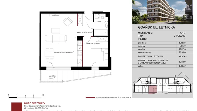 Rzut - Mieszkanie na sprzedaż 2 pokoje o powierzchni 49,87 m² - numer A.1.07 w Letnicka Residence