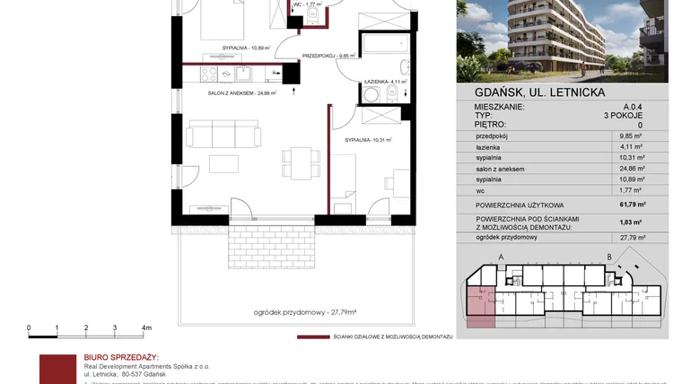 Rzut - Mieszkanie na sprzedaż 3 pokoje o powierzchni 61,79 m² - numer A.0.04 w Letnicka Residence