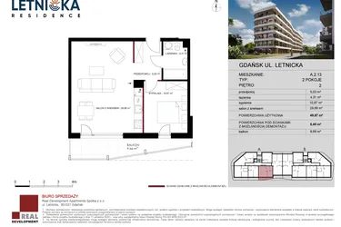 Rzut - Mieszkanie na sprzedaż 2 pokoje o powierzchni 49,87 m² - numer A.2.13 w Letnicka Residence
