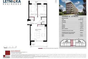 Rzut - Mieszkanie na sprzedaż 3 pokoje o powierzchni 66,37 m² - numer A.2.12 w Letnicka Residence