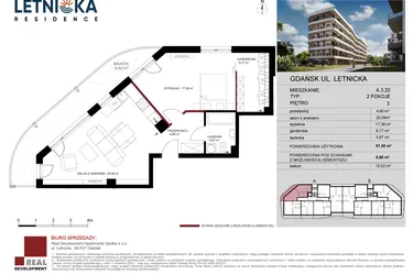 Rzut - Mieszkanie na sprzedaż 2 pokoje o powierzchni 58,37 m² - numer A.3.22 w Letnicka Residence
