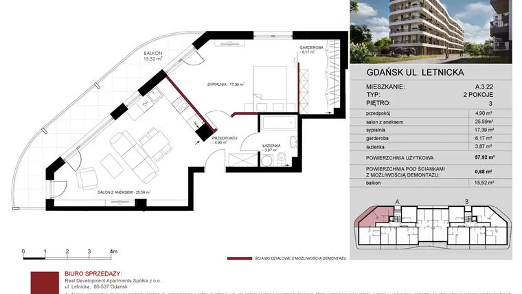 Rzut - Mieszkanie na sprzedaż 2 pokoje o powierzchni 58,37 m² - numer A.3.22 w Letnicka Residence