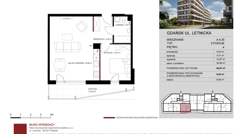 Rzut - Mieszkanie na sprzedaż 2 pokoje o powierzchni 50,25 m² - numer A.4.25 w Letnicka Residence