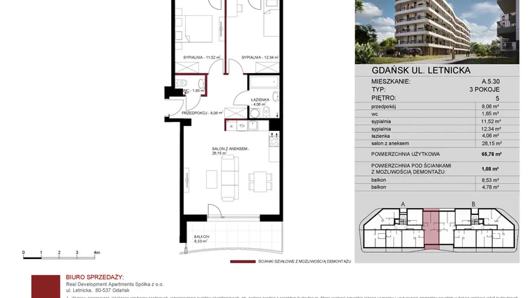 Rzut - Mieszkanie na sprzedaż 3 pokoje o powierzchni 66,37 m² - numer A.5.30 w Letnicka Residence
