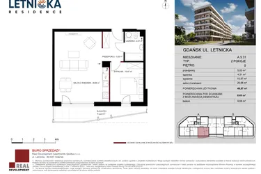 Rzut - Mieszkanie na sprzedaż 2 pokoje o powierzchni 49,87 m² - numer A.5.31 w Letnicka Residence