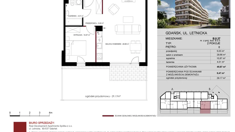 Rzut - Mieszkanie na sprzedaż 2 pokoje o powierzchni 50,24 m² - numer B.0.37 w Letnicka Residence
