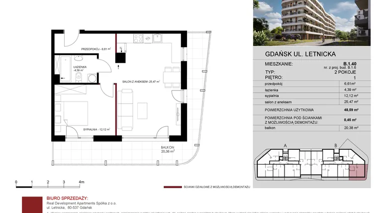 Rzut - Mieszkanie na sprzedaż 2 pokoje o powierzchni 48,59 m² - numer B.1.40 w Letnicka Residence