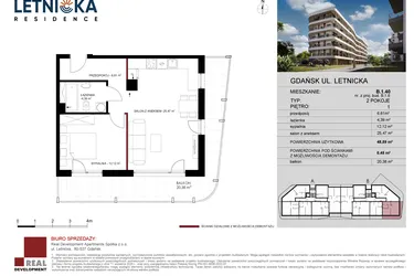 Rzut - Mieszkanie na sprzedaż 2 pokoje o powierzchni 48,96 m² - numer B.1.40 w Letnicka Residence