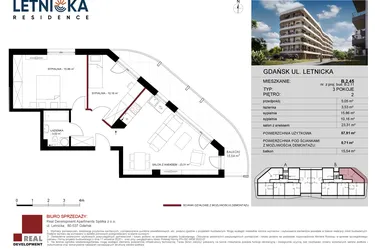 Rzut - Mieszkanie na sprzedaż 3 pokoje o powierzchni 57,91 m² - numer B.2.45 w Letnicka Residence