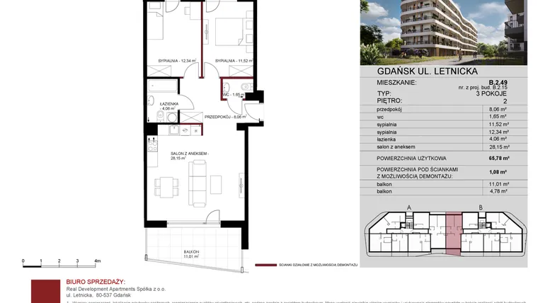 Rzut - Mieszkanie na sprzedaż 3 pokoje o powierzchni 65,78 m² - numer B.2.49 w Letnicka Residence