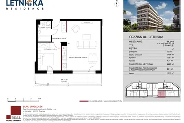 Rzut - Mieszkanie na sprzedaż 2 pokoje o powierzchni 49,87 m² - numer B.2.48 w Letnicka Residence