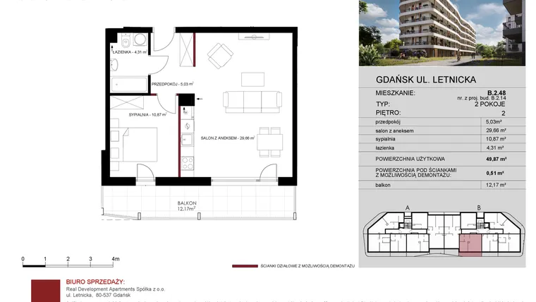 Rzut - Mieszkanie na sprzedaż 2 pokoje o powierzchni 49,87 m² - numer B.2.48 w Letnicka Residence