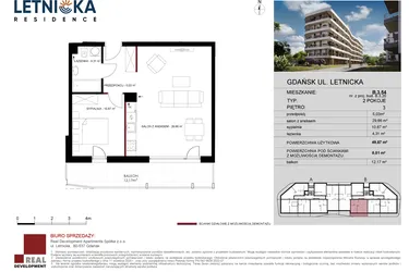 Rzut - Mieszkanie na sprzedaż 2 pokoje o powierzchni 49,87 m² - numer B.3.54 w Letnicka Residence