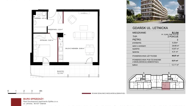 Rzut - Mieszkanie na sprzedaż 2 pokoje o powierzchni 50,25 m² - numer B.3.54 w Letnicka Residence