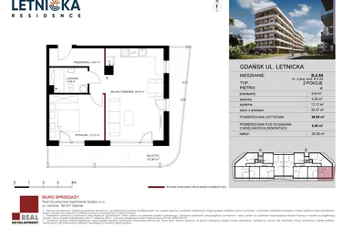 Rzut - Mieszkanie na sprzedaż 2 pokoje o powierzchni 48,96 m² - numer B.4.58 w Letnicka Residence