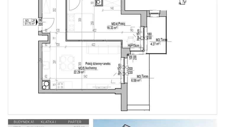 Rzut - Mieszkanie na sprzedaż 2 pokoje o powierzchni 61,75 m² - numer 3 w Aleja
