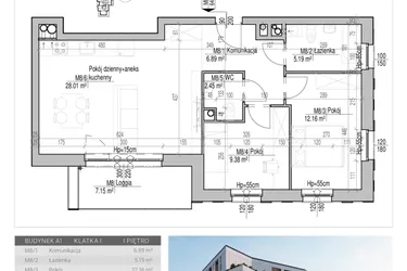 Rzut - Mieszkanie na sprzedaż 3 pokoje o powierzchni 64,08 m² - numer 8 w Aleja