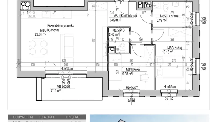 Rzut - Mieszkanie na sprzedaż 3 pokoje o powierzchni 64,08 m² - numer 8 w Aleja